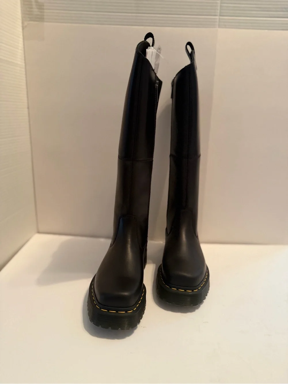 NWT Dr. Martens Amaayah Black Tall Leather Lug-Sole Boots with Yellow Stitching
